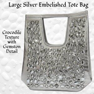 Oversized Silver Embellished Tote Bag, Crocodile Texture/Gemstone Detail